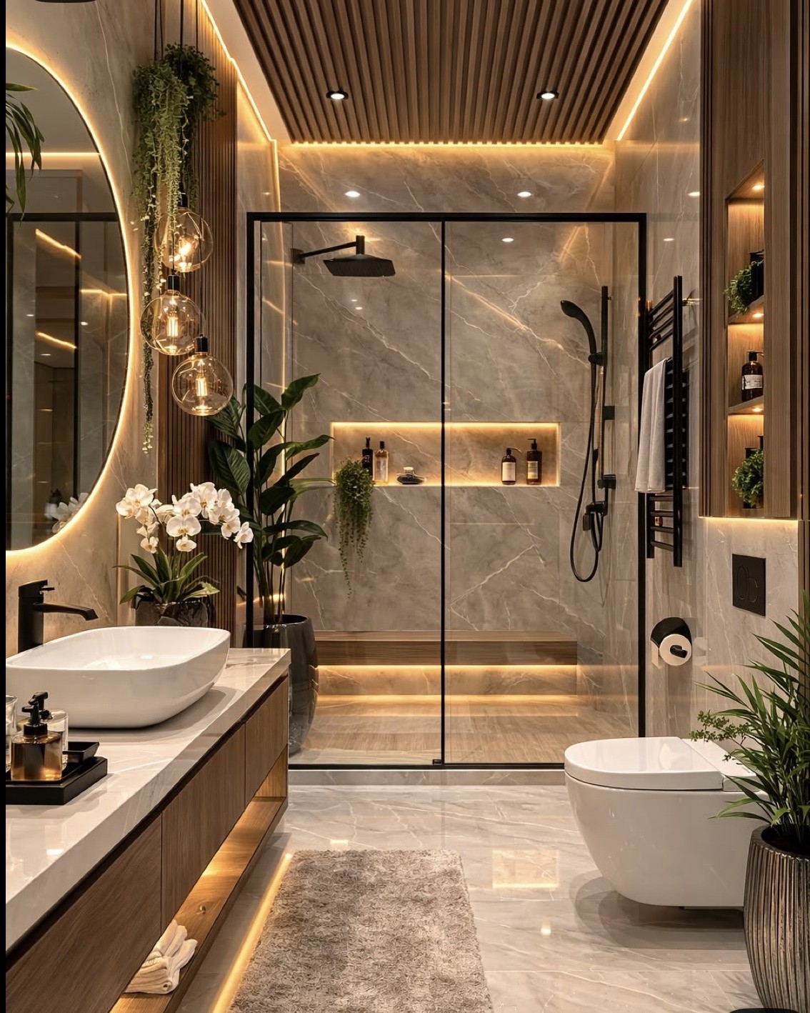 Spa-like marble bathroom cleaned by BeeMaid