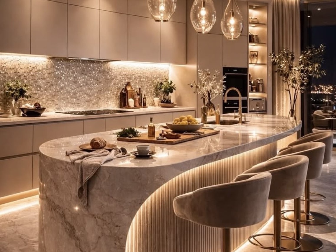 Bright luxury kitchen cleaned by BeeMaid